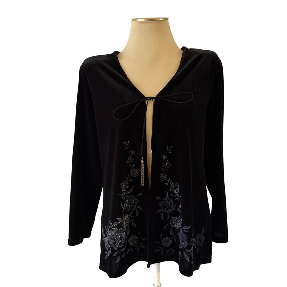 Vtg Y2K 2000s Black Velvet Tie Floral Cardigan OS Whimsygoth Fairy Grunge